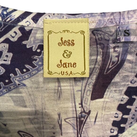 Jess & Jane Sz S Purple Abstract Pleated Bat Wing Sleeves Flowy Relaxed Fit Top - Picture 4 of 5